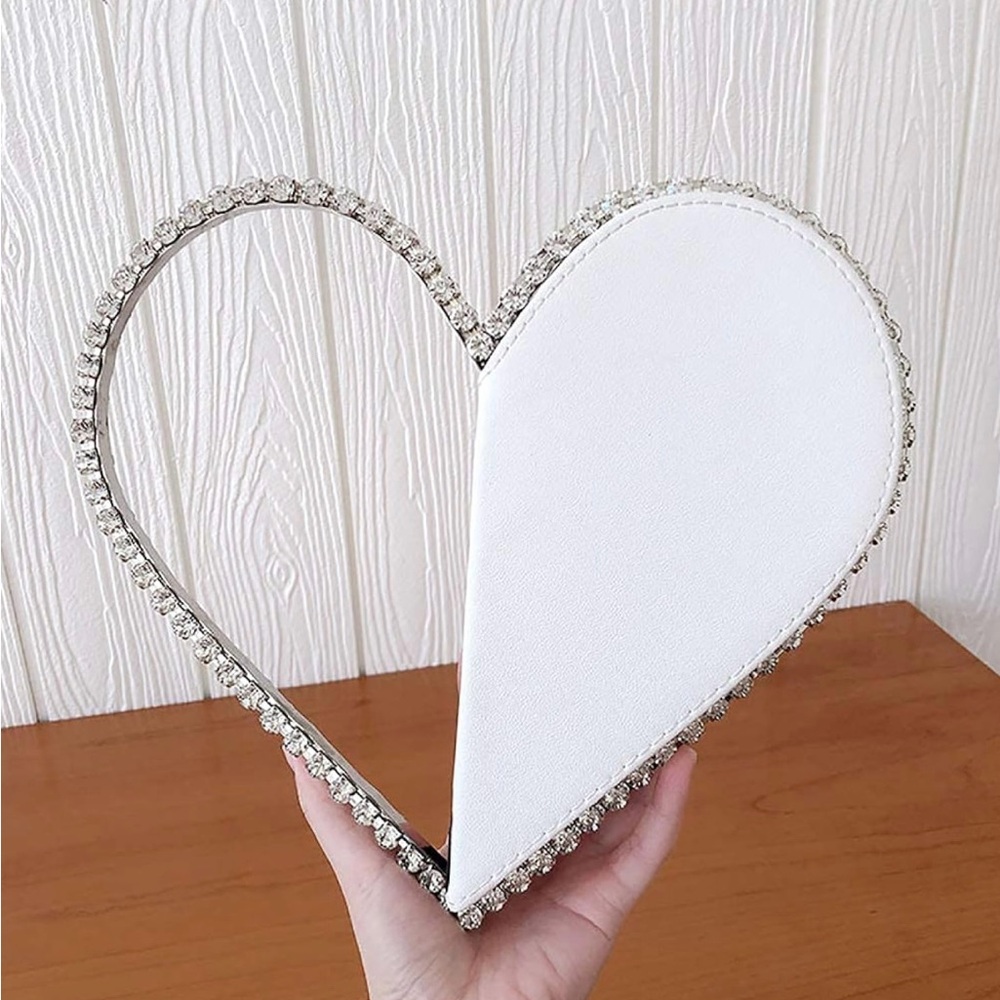 ❗️SOLD❗️Heart-Shaped White Clutch Bag with Silver Rhinestone Accents